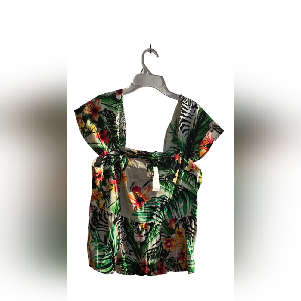 Green and Red Tie Front Blouse with Cap Sleeves